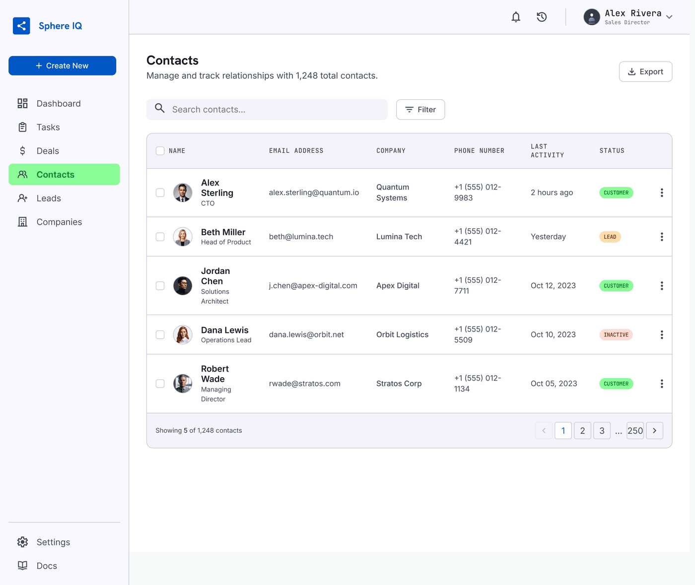 Sphere IQ contacts view — company and person records with AI-enriched profile details