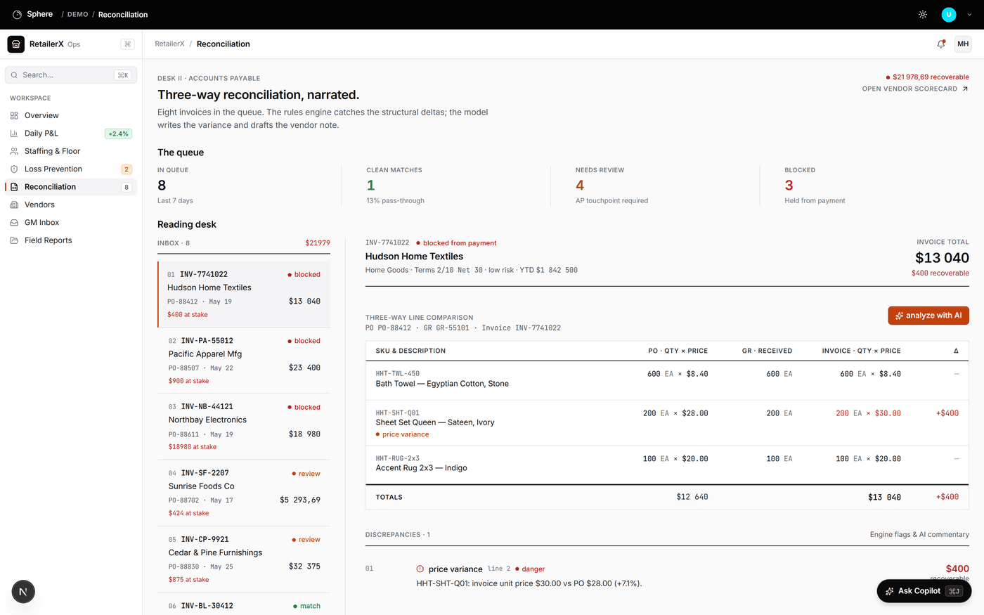 Operations Bureau reconciliation desk comparing purchase order, receipt, and vendor invoice