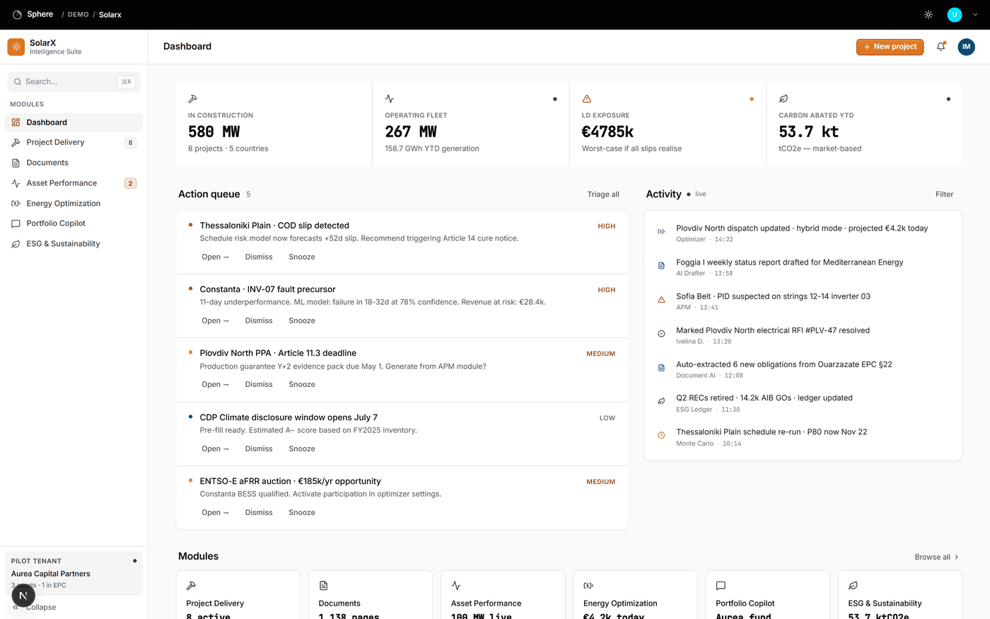 SolarX portfolio dashboard showing the morning action queue and portfolio exposure