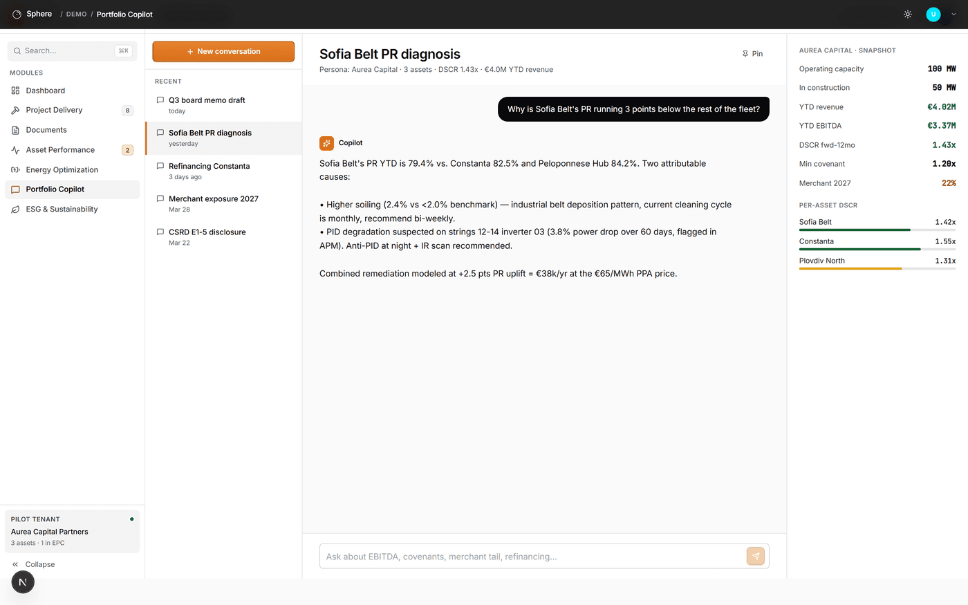SolarX Portfolio Copilot explaining an asset performance-ratio gap and financial impact