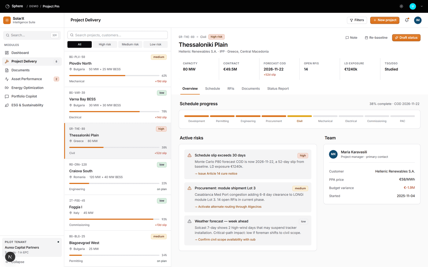 SolarX project delivery desk showing schedule risk and liquidated-damages exposure