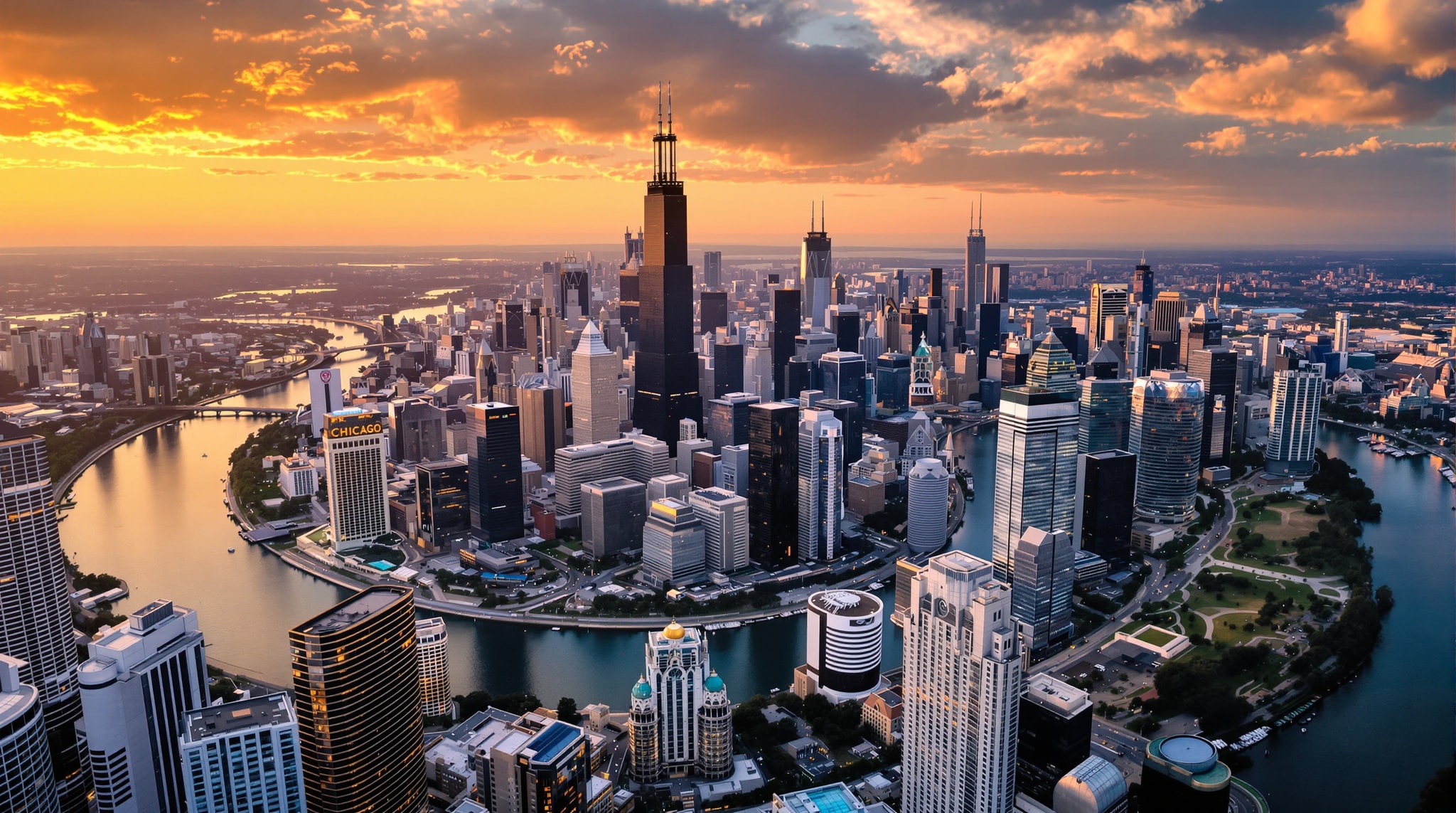 Downtown Chicago skyline at golden hour with the Chicago River and Willis Tower