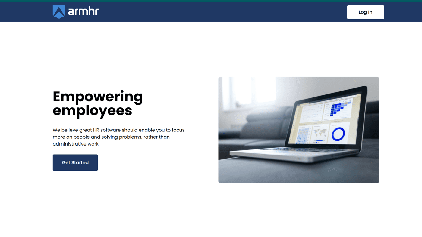 ArmHR marketing landing page with the headline "Empowering employees" and a Get Started call to action