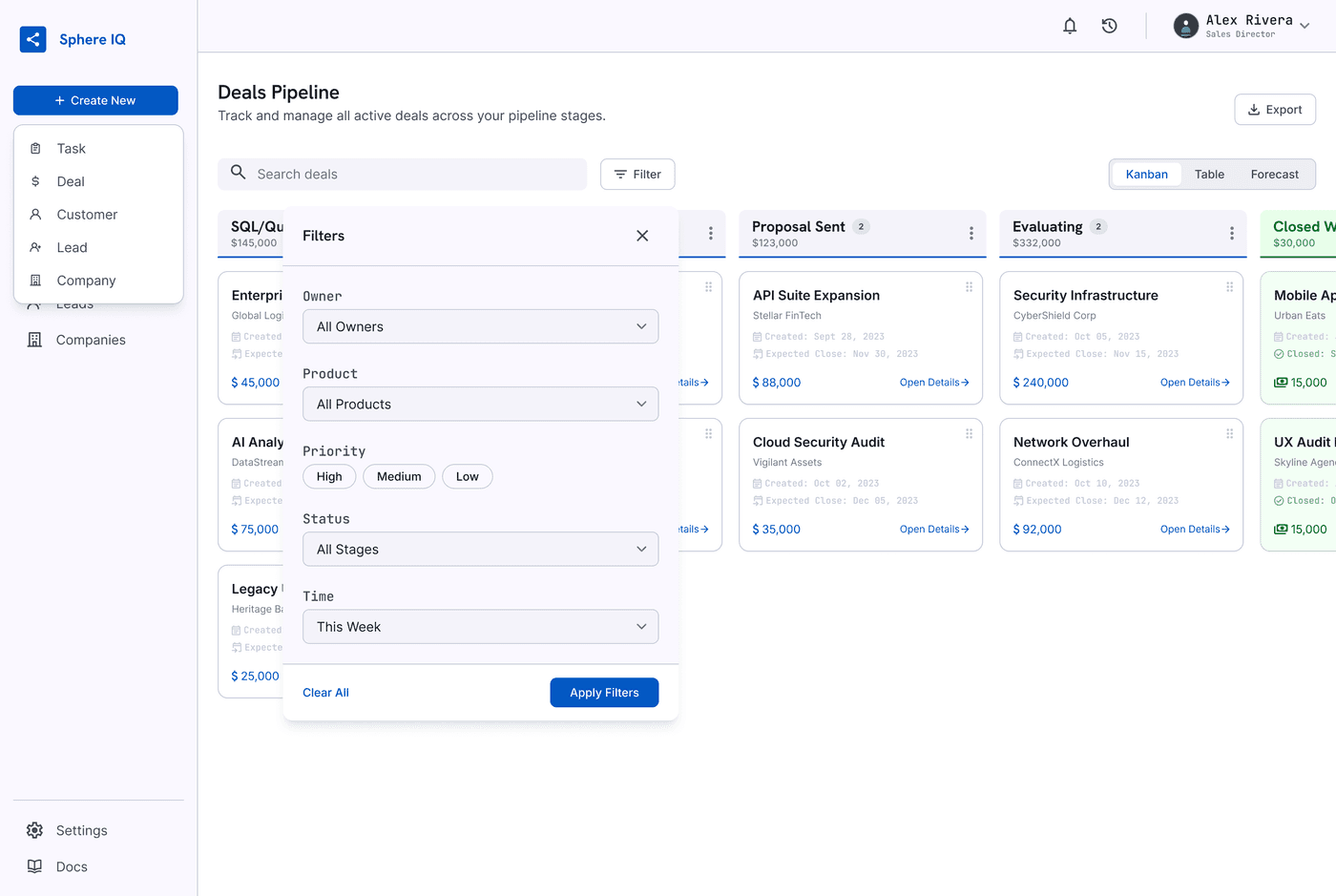 Sphere IQ pipeline with the segmentation and filter panel open — owner, product, priority, status and time filters