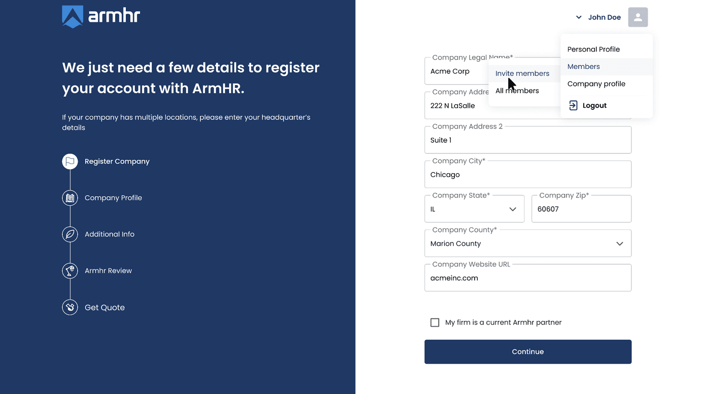 ArmHR company registration step showing the onboarding progress rail and the company profile form with legal name, address, city, state, ZIP and county fields