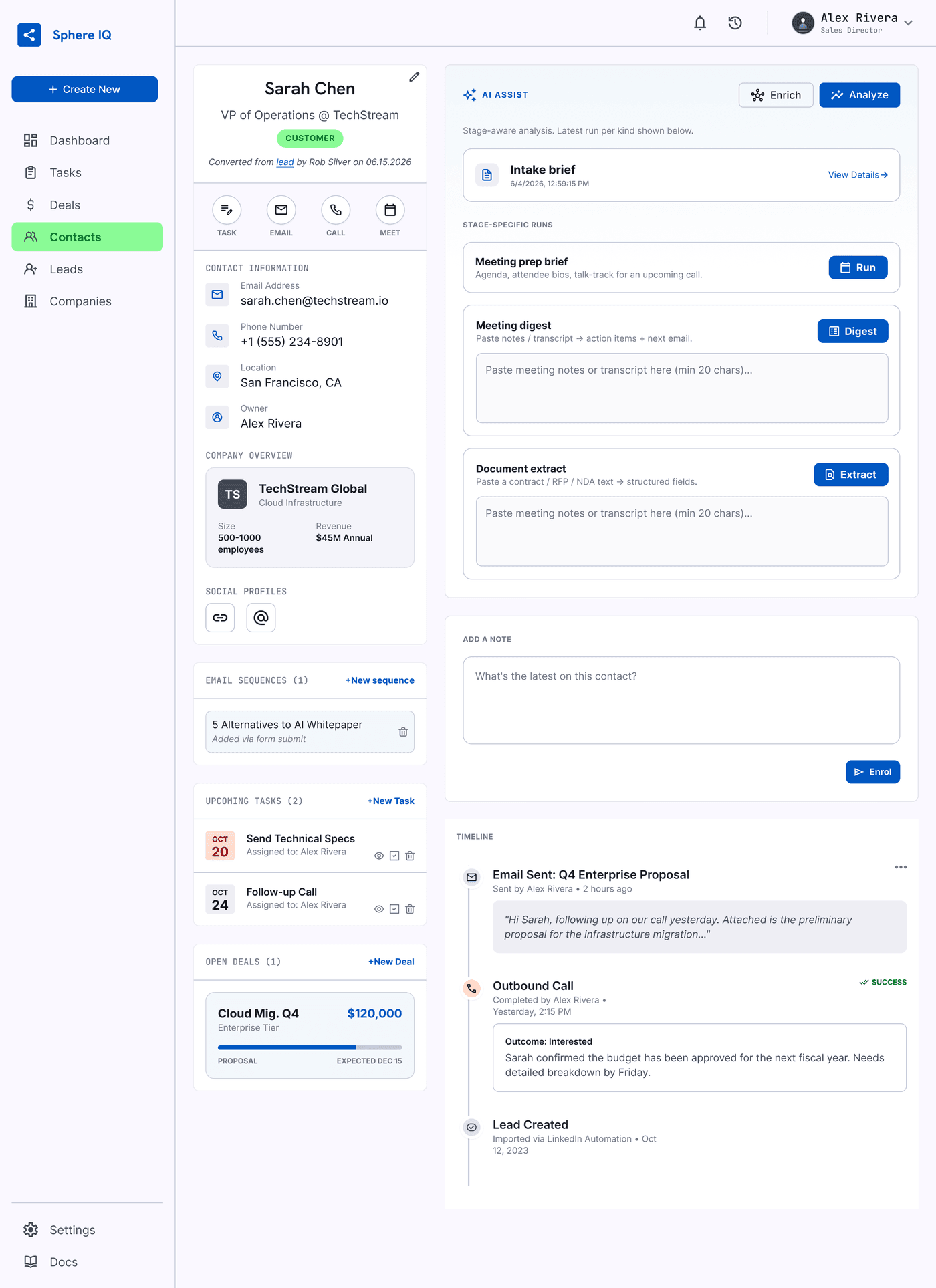 Sphere IQ contact record with the AI agent panel open, drafting outreach from the contact's history
