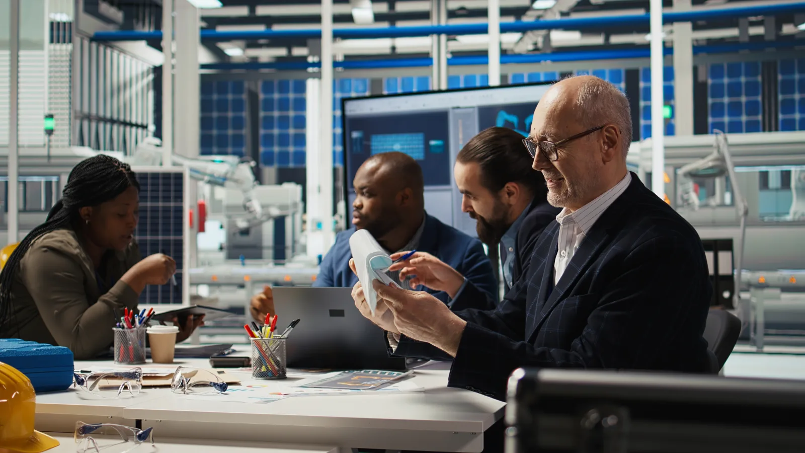 Manufacturing team reviewing production data in a solar panel plant