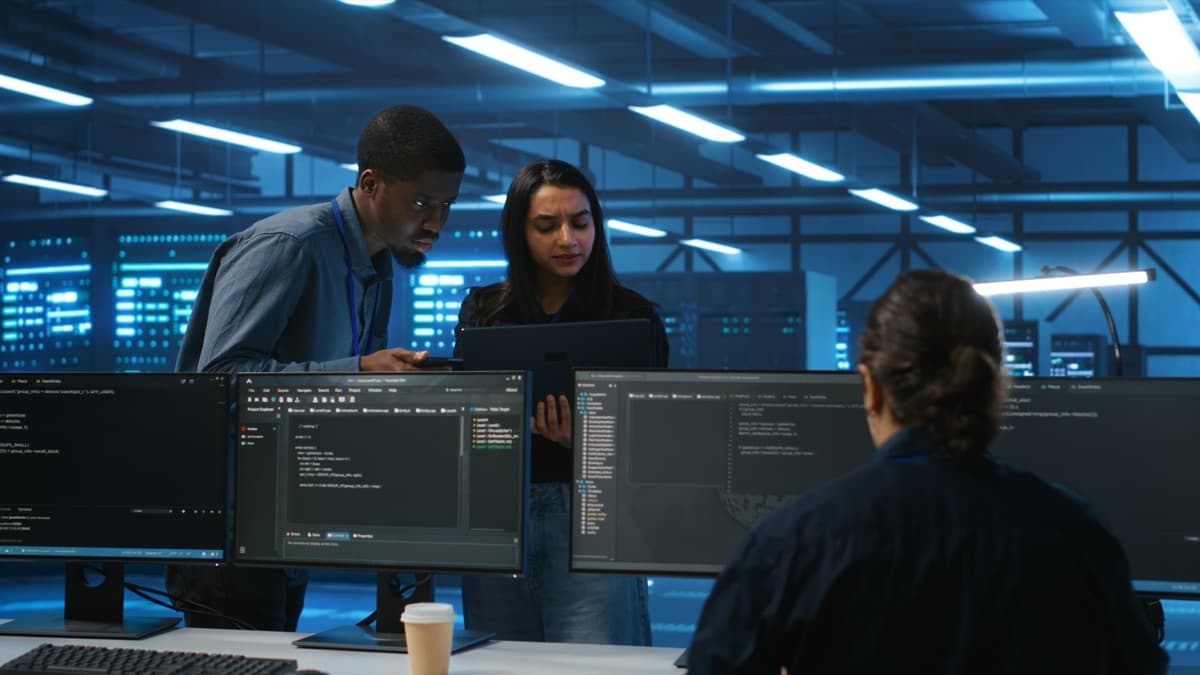 Engineer reviewing a data dashboard on a laptop inside a facility, representing Sphere's ongoing embedded engineering support for InGenius