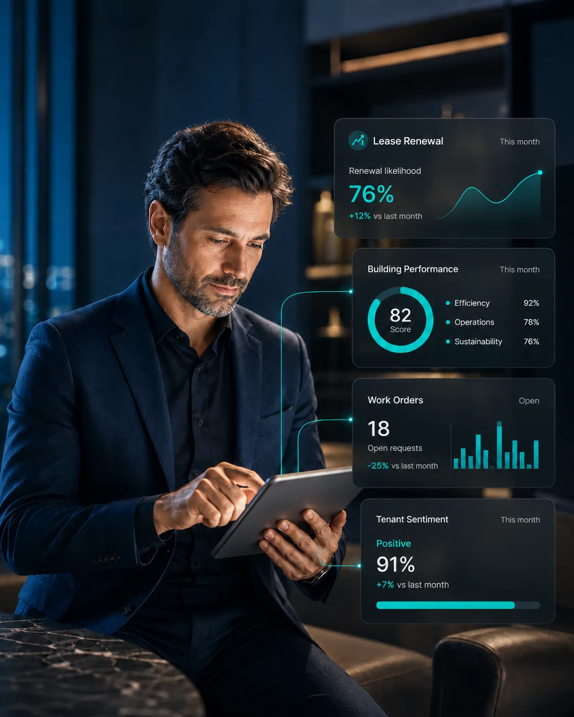 Premium AI real estate hero visual showing a real estate professional with analytics overlays